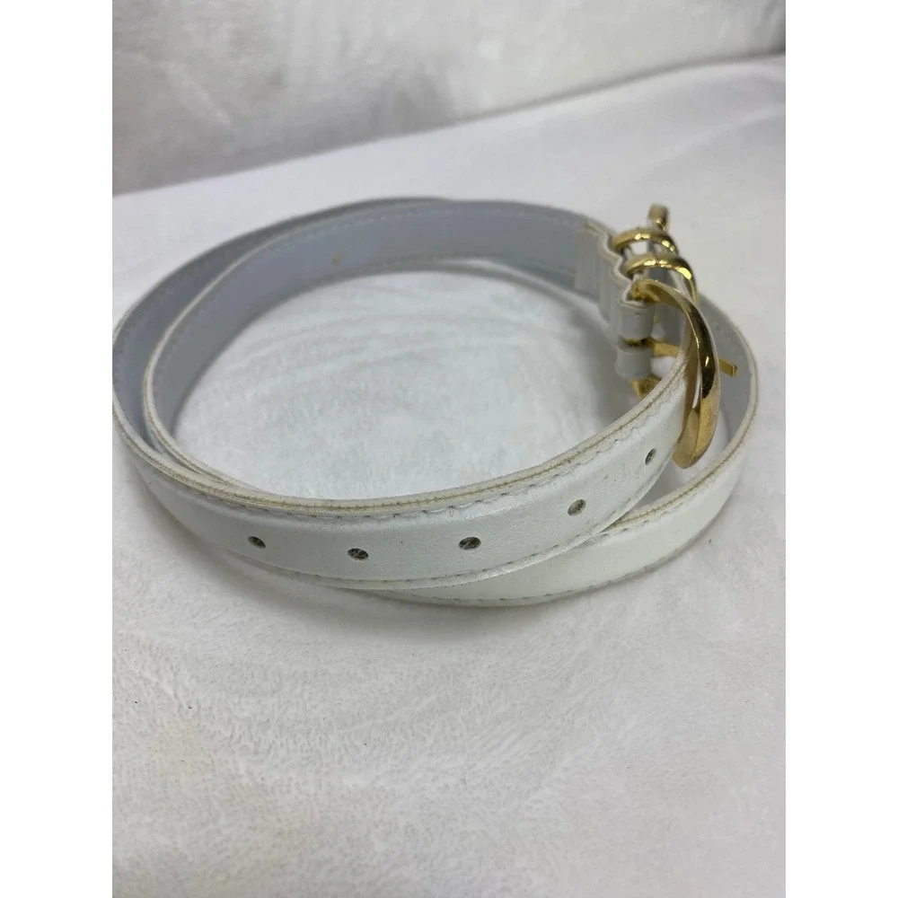 VTG Womens White Leather Skinny Dressy Belt Gold Tone‎ Buckle Metal Tip 37 Inch
